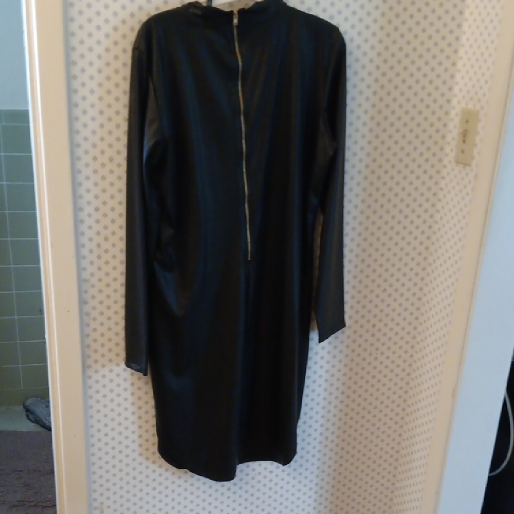 Chic Faux Black Leather Long Sleeve Midi Dress With Back Zipper 3x
